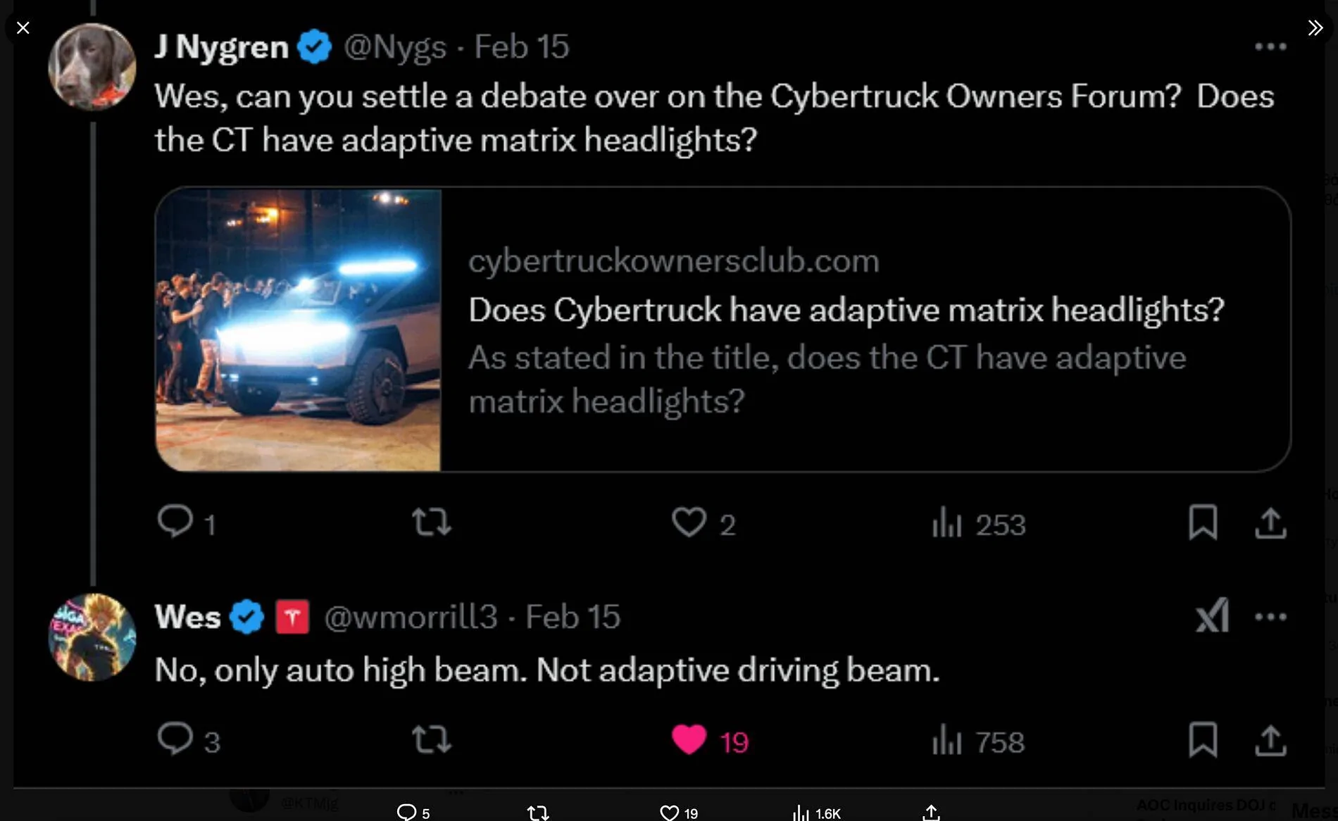 Tesla Cybertruck [UPDATE: Turned out to be false 😔]: Matrix Adaptive Headlights coming to Cybertruck says Tesla VP of Vehicle Engineering Screenshot 2025-02-28 at 10.42.14 AM