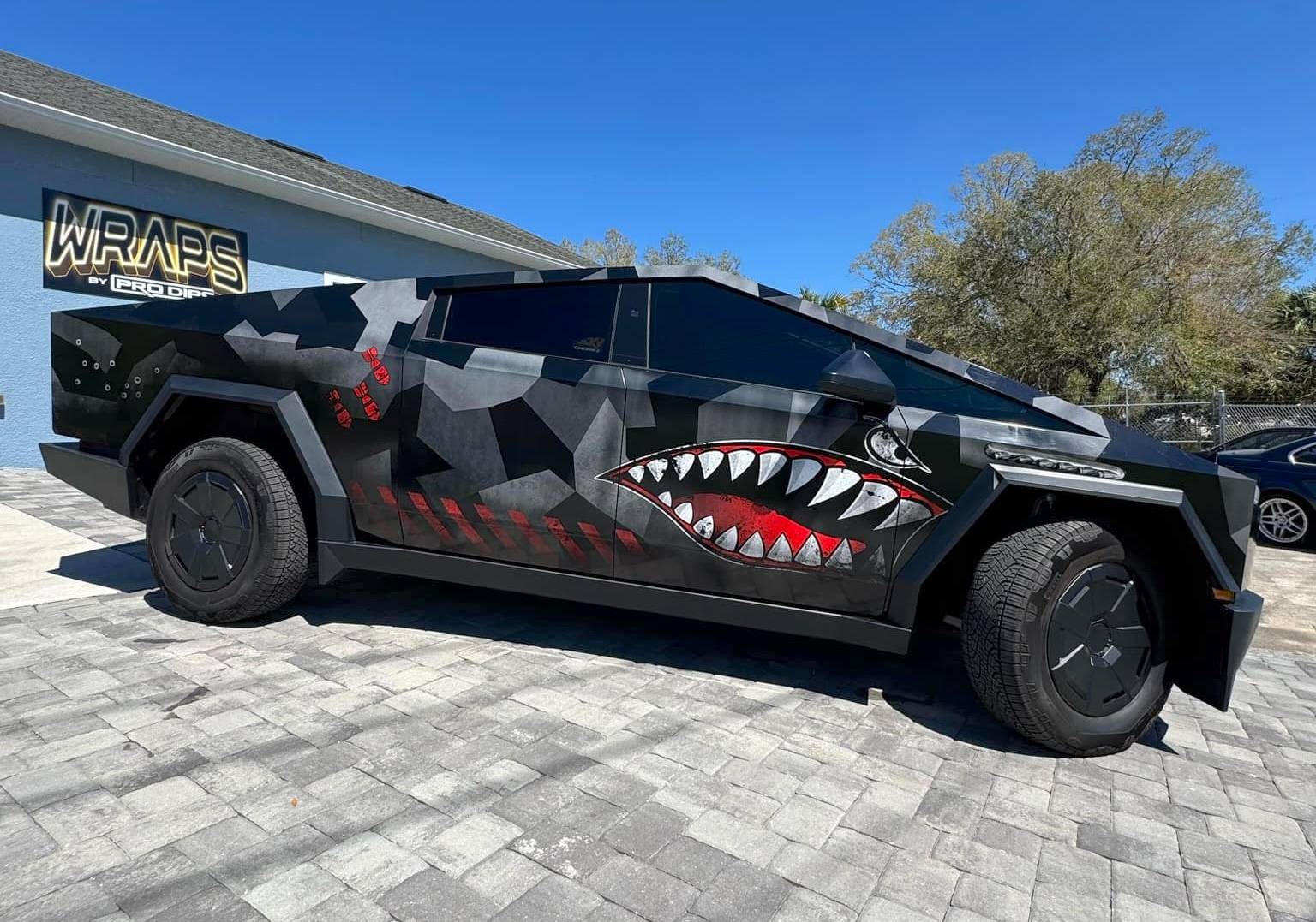 Tesla Cybertruck CUSTOM GRAPHICS / DESIGN / THEME Vinyl Wrap & PPF Cybertruck -- Photos & Videos shark teeth camouflage wrap 2