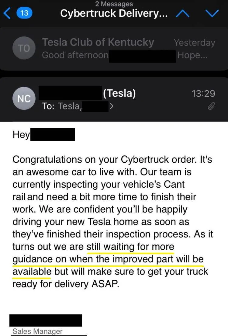 Tesla Cybertruck delayed delivery due to inspection? 1742234794205-sv