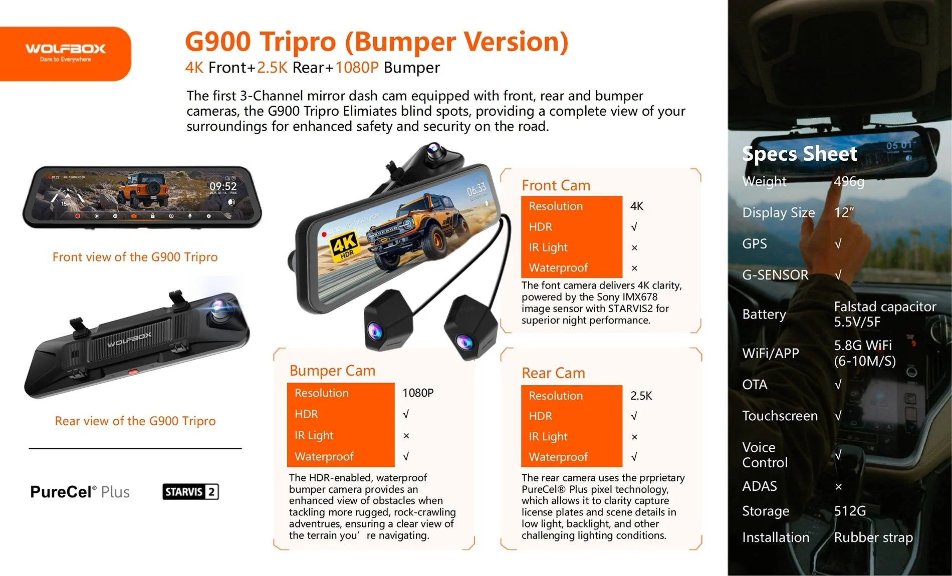 Tesla Cybertruck WOLFBOX G900 Tripro Dash Cam - Designed for Off-Roading! Up to $80 off TP bumper version