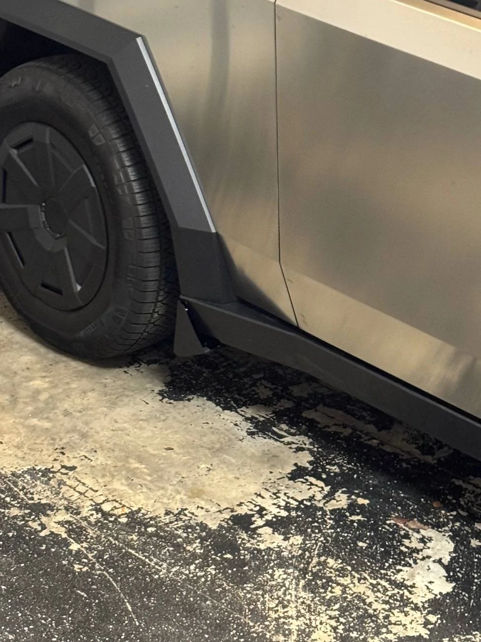 Tesla Cybertruck Tire hit CT busted front wheel fairing and plastic undercarriage IMG_8020
