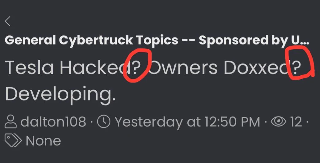 Tesla Cybertruck Tesla Hacked? Owners Doxxed? Developing. IMG_4208