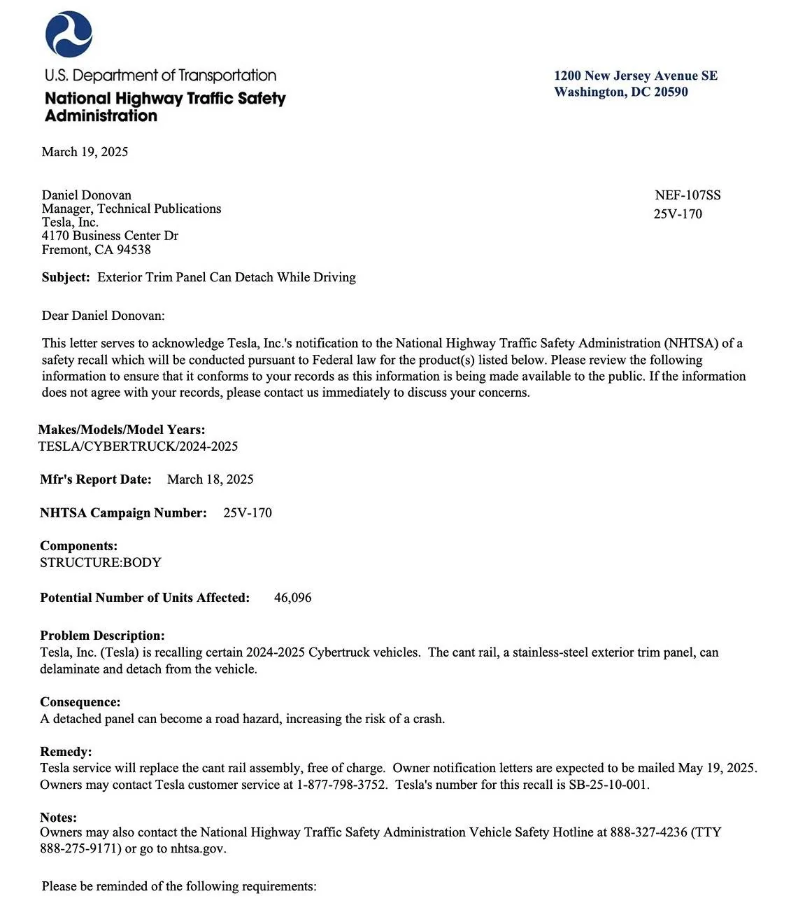 Tesla Cybertruck Recall: exterior trim / body panel detaching issue (46,096 Cybertrucks affected) Exterior trim panel detach recall notice - cybertruck recall body panels