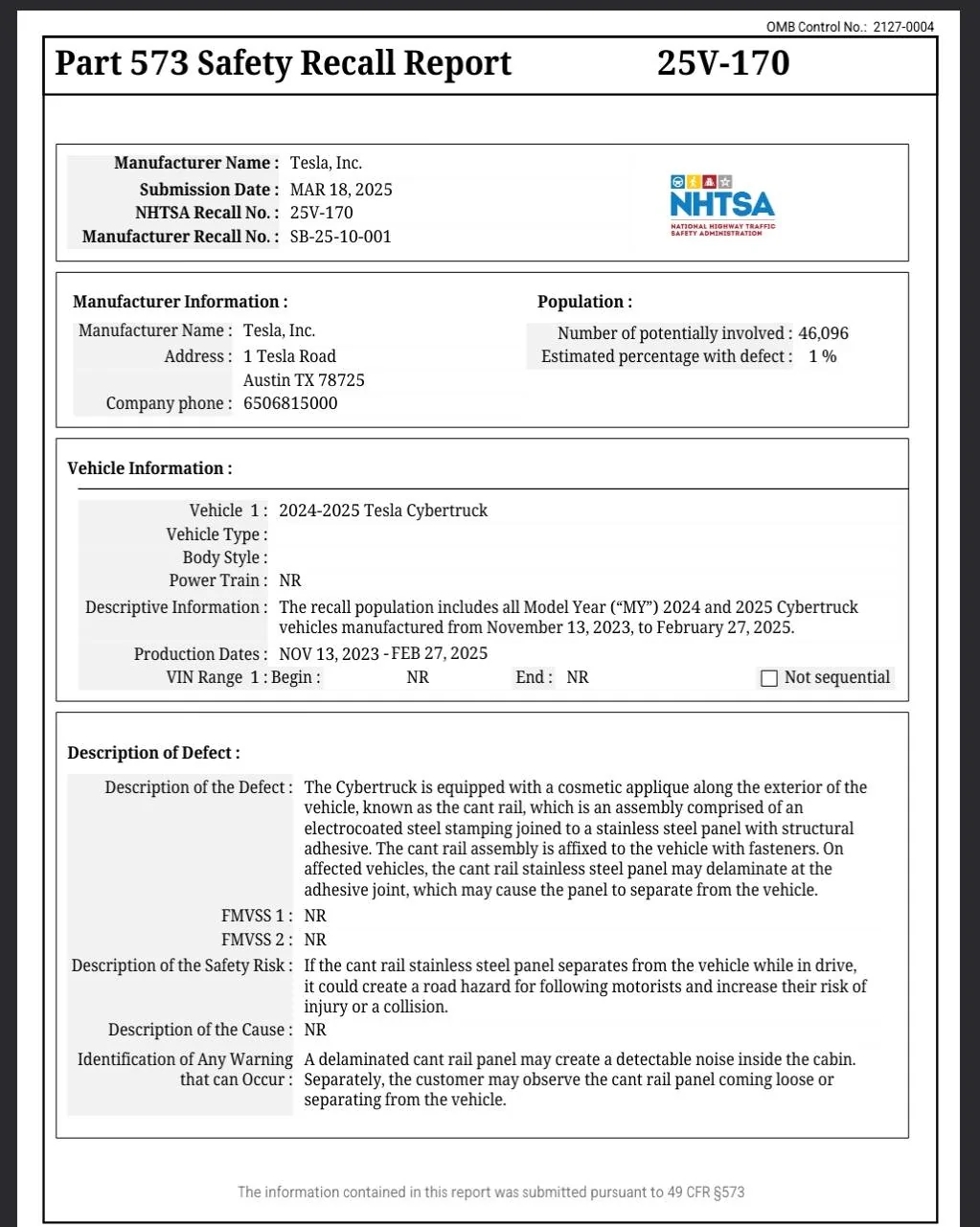 Tesla Cybertruck Recall: exterior trim / body panel detaching issue (46,096 Cybertrucks affected) SmartSelect_20250320_121225_Firefox