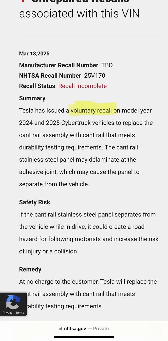 Tesla Cybertruck Recall: exterior trim / body panel detaching issue (46,096 Cybertrucks affected) IMG_6917