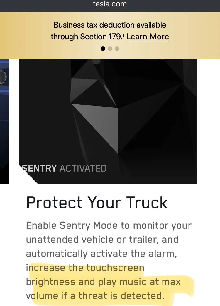 Tesla Cybertruck New Sentry Mode feature: screen brightness & play music at max volume if threat detected IMG_1046