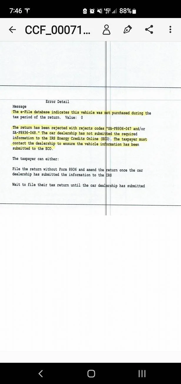Tesla Cybertruck Major mistake by (CPA!) with Commercial Clean Vehicle Tax Credit Screenshot_20250323-074655_Adobe Fill & Sign