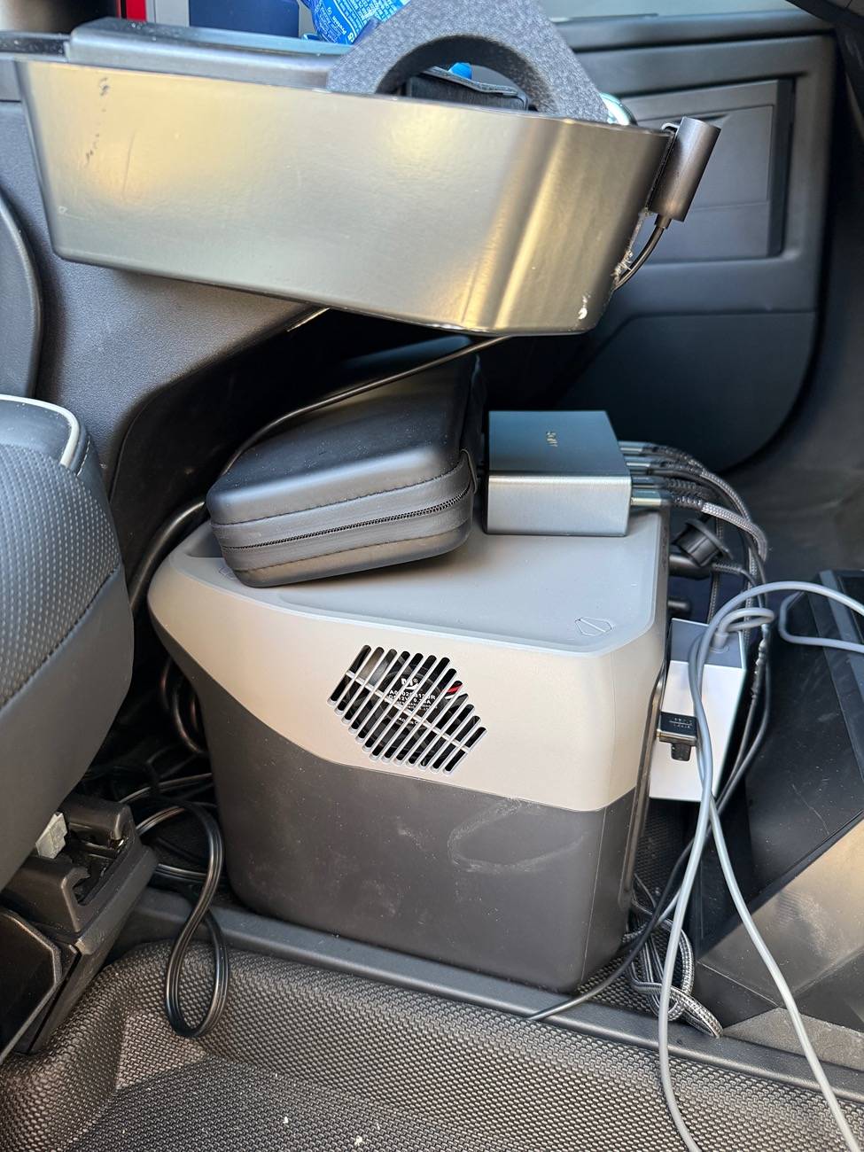 Tesla Cybertruck Bouge Road Warrior Fridge fits in interior - in rear w/ passenger rear flipped up! IMG_2012
