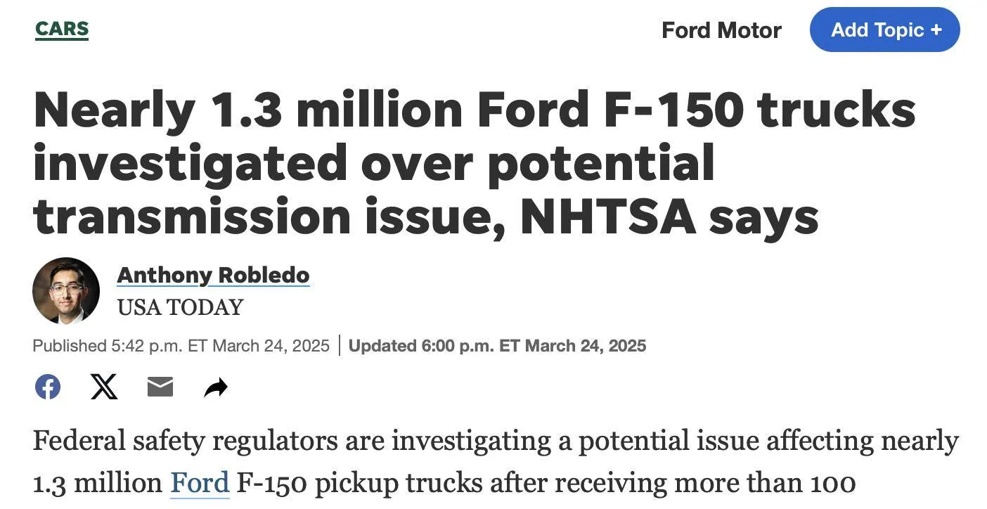 Tesla Cybertruck "Nearly 1.3 million Ford F-150 trucks investigated" - Lets see how media covers this. 1742860925207-su