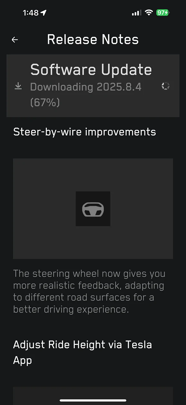 Tesla Cybertruck 2025.8.4 Update: Steer by Wire System / steering wheel gives more realistic feedback, adapting to different road surfaces IMG_1704