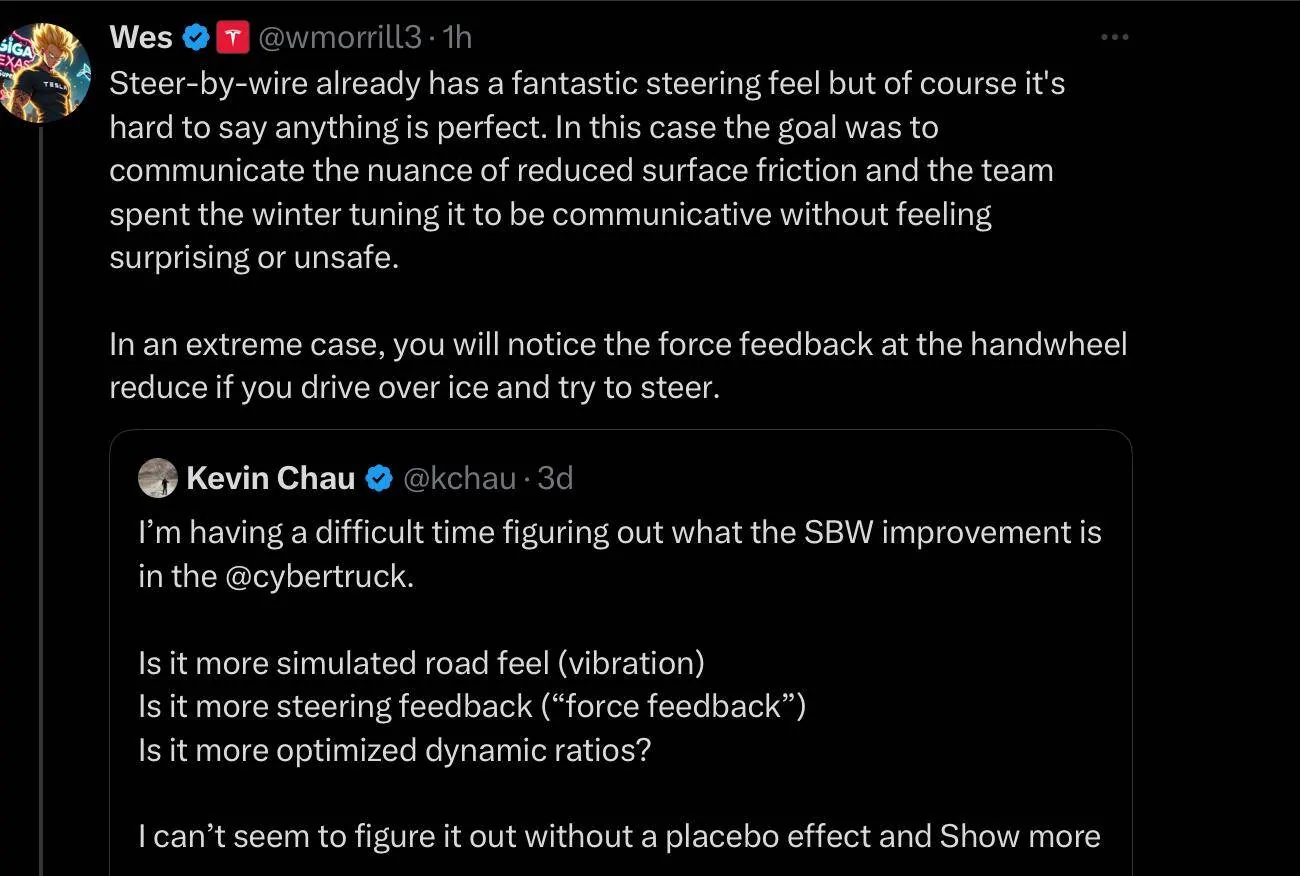 Tesla Cybertruck 2025.8.4 Update: Steer by Wire System / steering wheel gives more realistic feedback, adapting to different road surfaces 1743391467831-17