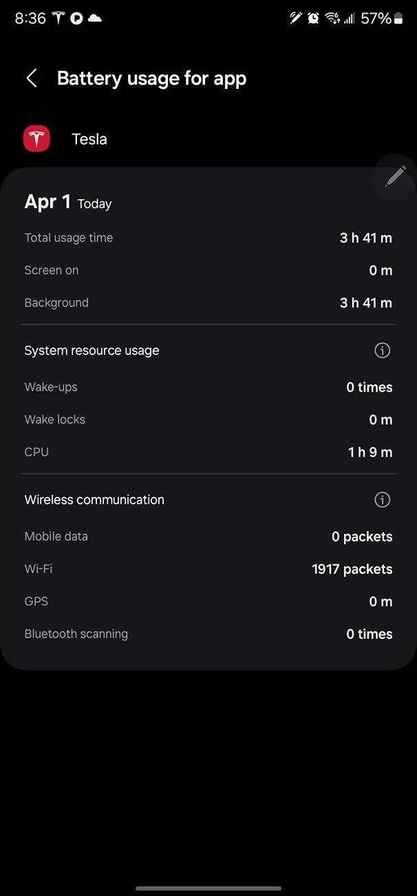 Tesla Cybertruck Tesla App phone battery drain?? Screenshot_20250401_083603_Device car