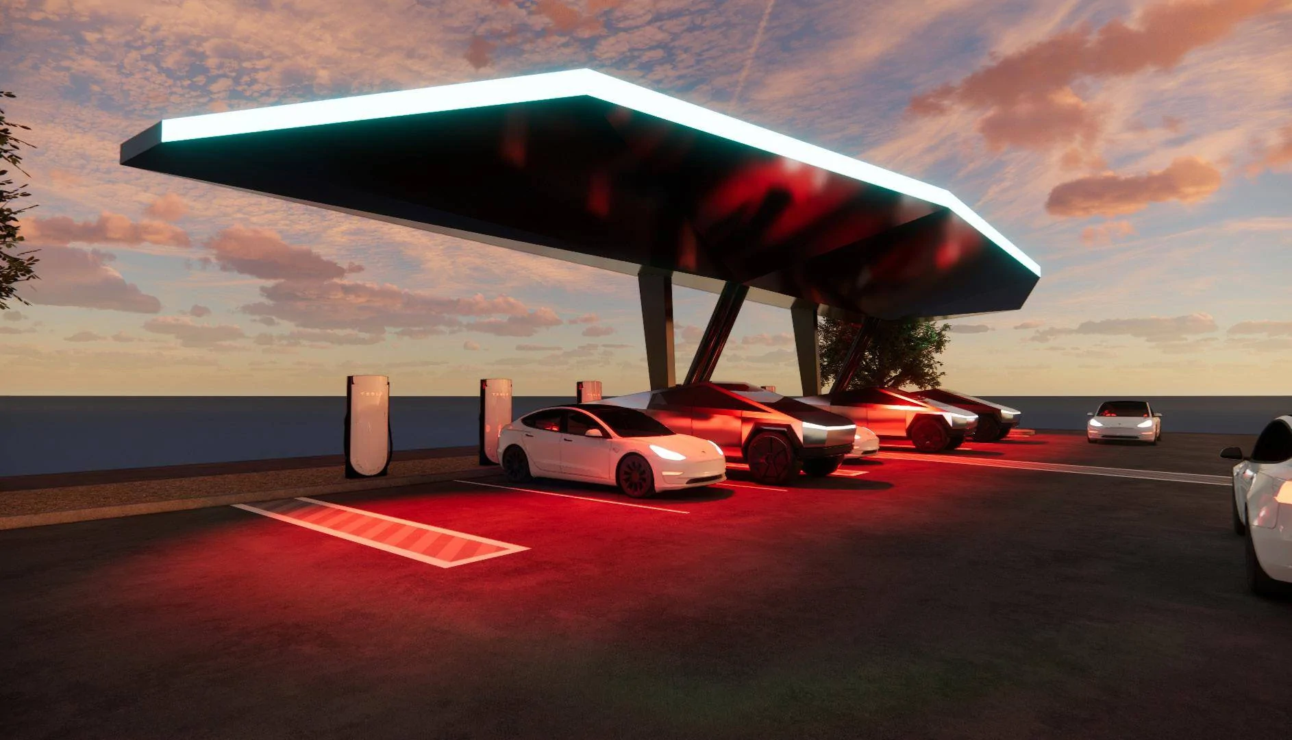 Tesla Cybertruck Cybertruck inspired Supercharger with "CyberCanopy" coming to Roswell, New Mexico GnjkuC0XQAA5fMt
