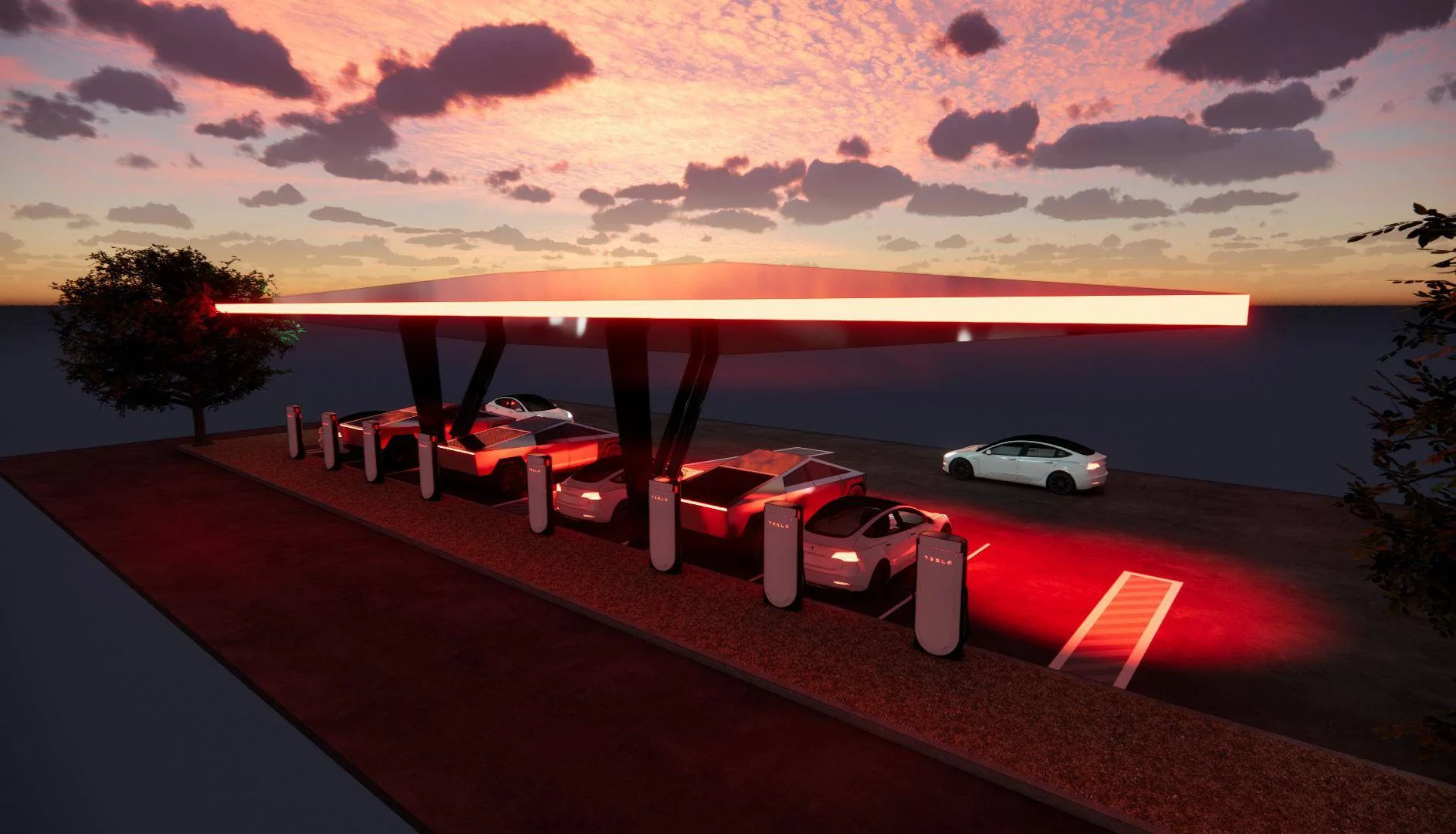 Tesla Cybertruck Cybertruck inspired Supercharger with "CyberCanopy" coming to Roswell, New Mexico GnjkuC4aMAANVgX