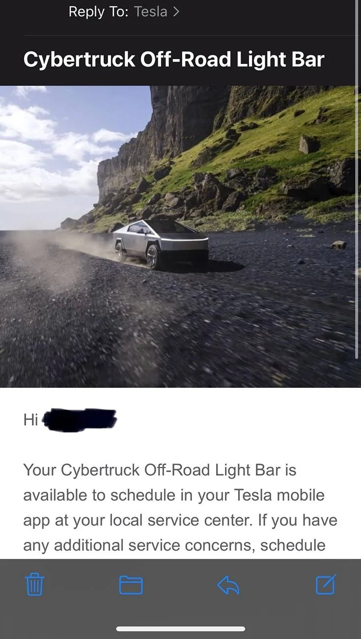 Tesla Cybertruck Mid 9000 vin and just got the email for my light bar! IMG_3288