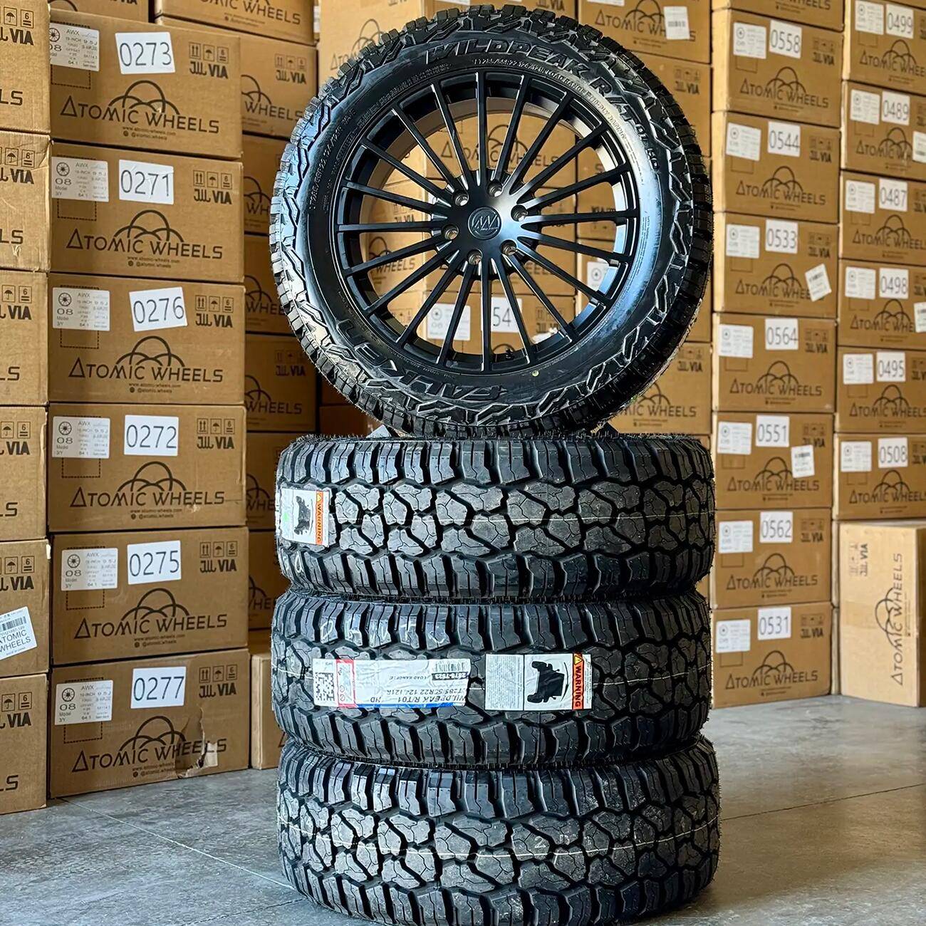 Tesla Cybertruck Fully Forged Atomic Wheels for Tesla Cybetruck AWX1_WildPeakK03_SatinBlack22inchTireSet