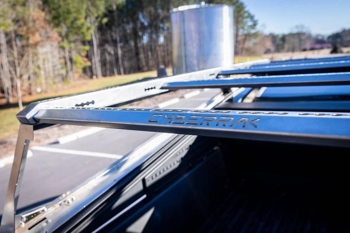 Tesla Cybertruck Stainless tailgate cap and sail panels CyberRakOpenRackP1+Web-11