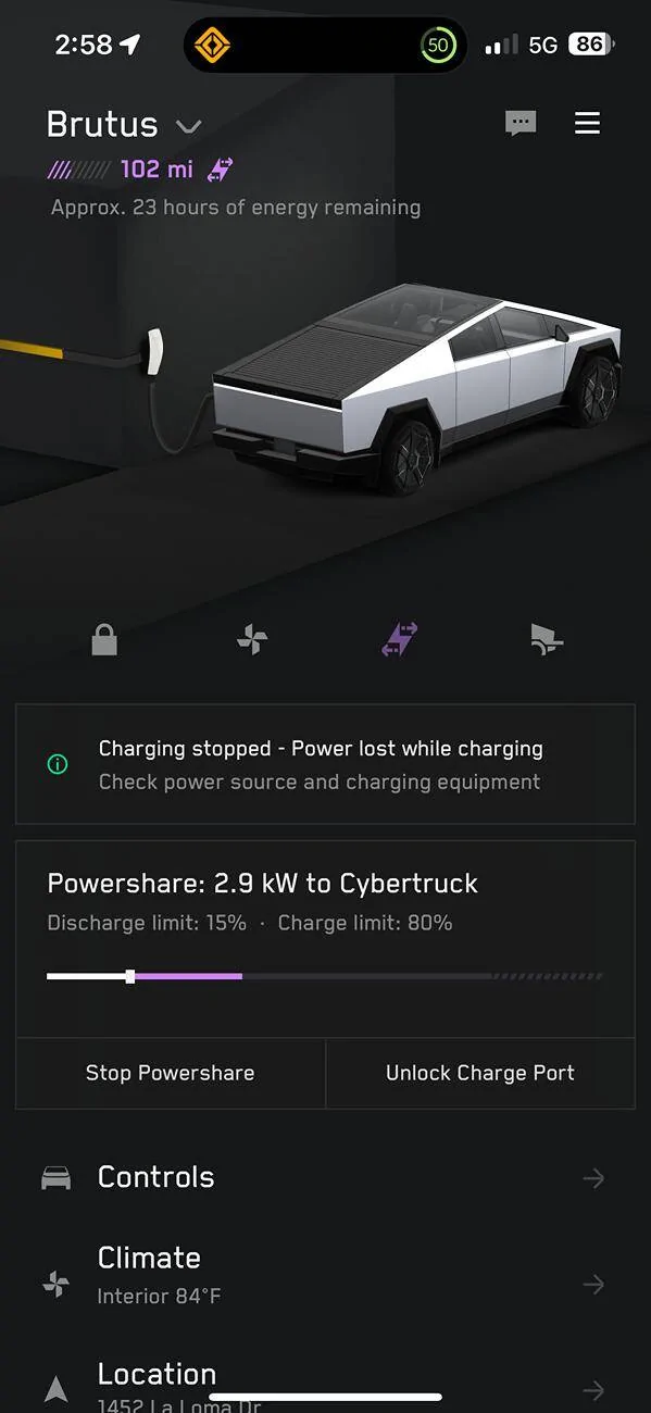 Tesla Cybertruck Powershare Update - Solar while islanding without powerwall IMG_9541