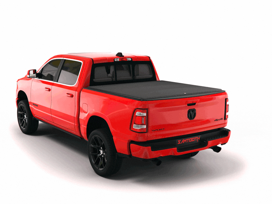 Tesla Cybertruck Stowing cyberATV in the bed Dodge-Ram-Sawtooth-Stretch-Tonneau-GIF_900x