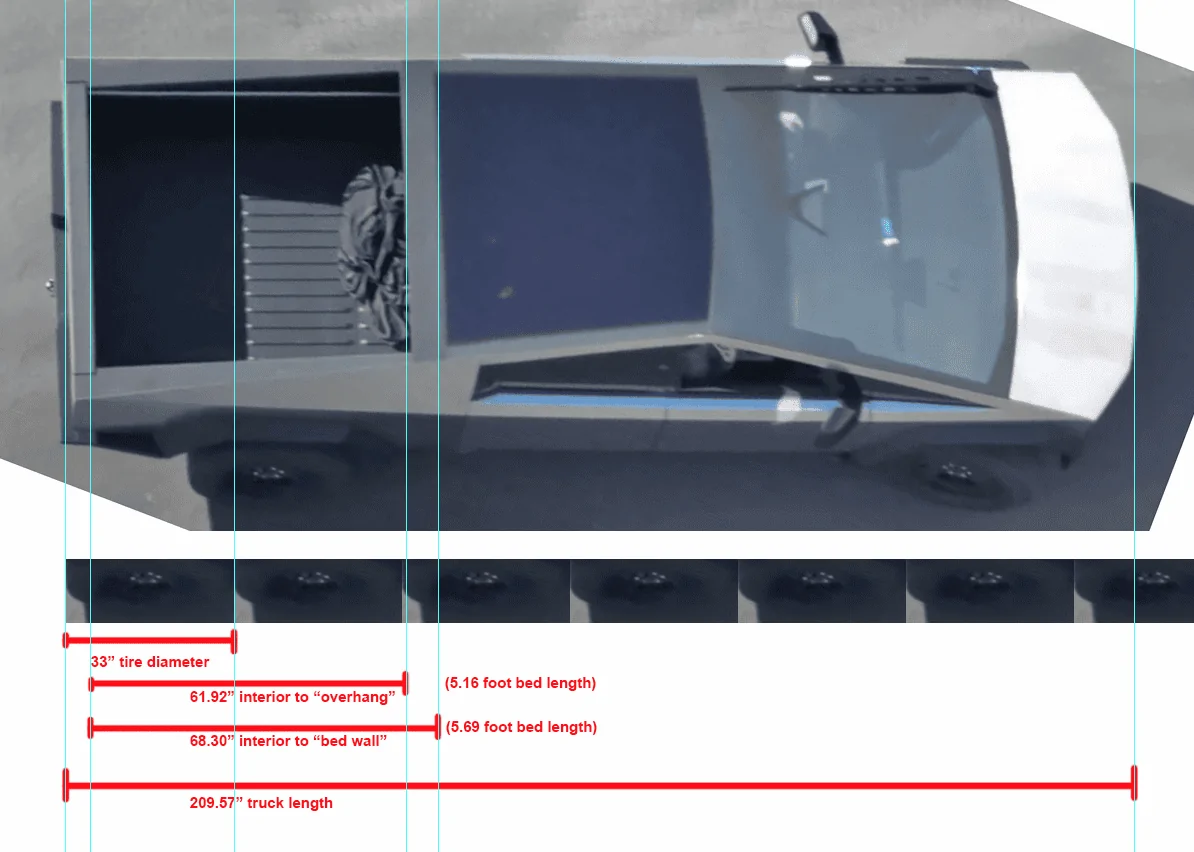 Tesla Cybertruck ? [Update: NOT Production Wiper] New Cybertruck design spied! Shortened front, no door handles, side mirrors, curved windshield glass! [Dec. 10] ct bed measurements approx 33 TIRE DIA