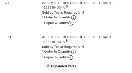 Tesla Cybertruck New part numbers for Cybertruck panels with glue issues Screenshot 2025-05-01 140453