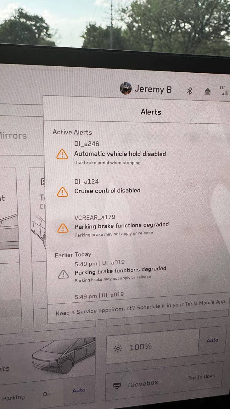 Tesla Cybertruck Receiving a lot of parking brake + vehicle hold error codes over the past couple of days IMG_9238