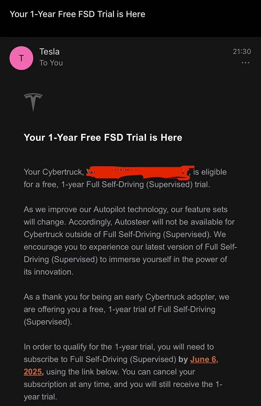 Tesla Cybertruck 1-Year Free FSD Trial !! -- did you receive the offer? IMG_4369