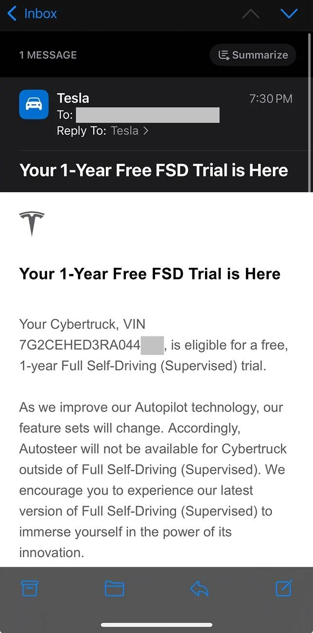 Tesla Cybertruck 1-Year Free FSD Trial !! -- did you receive the offer? IMG_9066