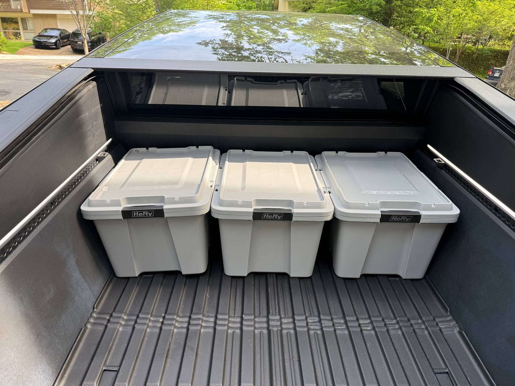 Tesla Cybertruck Aftermarket Bed Storage Bins -- Husky Heavy Duty Waterproof Stackable Plastic Storage Containers [Updated w/ photos vs. Tesla Vault Bins] IMG_7779