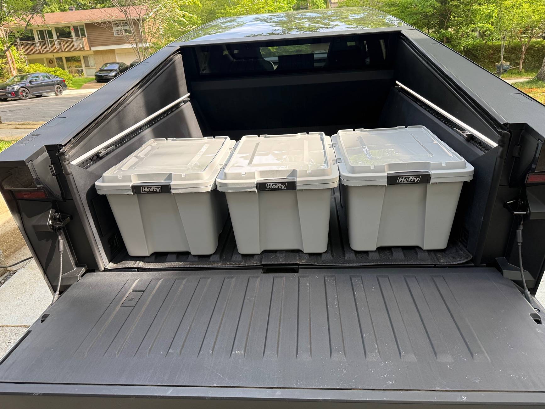 Tesla Cybertruck Aftermarket Bed Storage Bins -- Husky Heavy Duty Waterproof Stackable Plastic Storage Containers [Updated w/ photos vs. Tesla Vault Bins] IMG_7780
