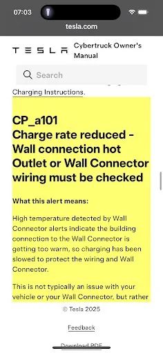 Tesla Cybertruck Wall charger overheating, charging slowed 1747315612724-z2
