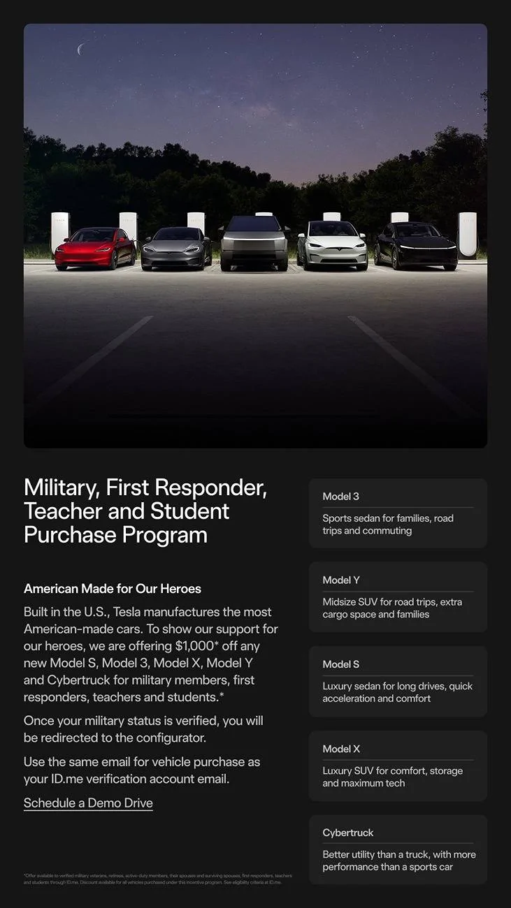 Tesla Cybertruck $1000 discount on any Tesla for military veterans, retirees, active-duty members, spouses, first responders, students & teachers GrCB773bMAA6sHs