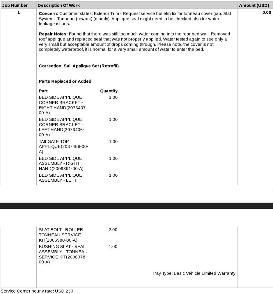 Tesla Cybertruck Tonneau cover gap issue fixed by Service Center under warranty 2025-05-30 14_27_19-page 1 invoice469af793-9961-4546-a1c3-0dba4b711e17.pdf