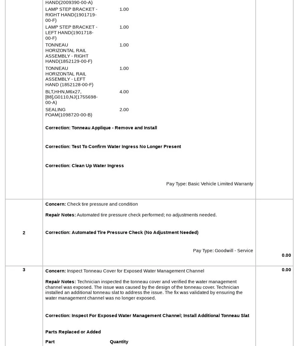 Tesla Cybertruck Tonneau cover gap issue fixed by Service Center under warranty 2025-05-30 14_27_19-page 2 invoice469af793-9961-4546-a1c3-0dba4b711e17.pdf