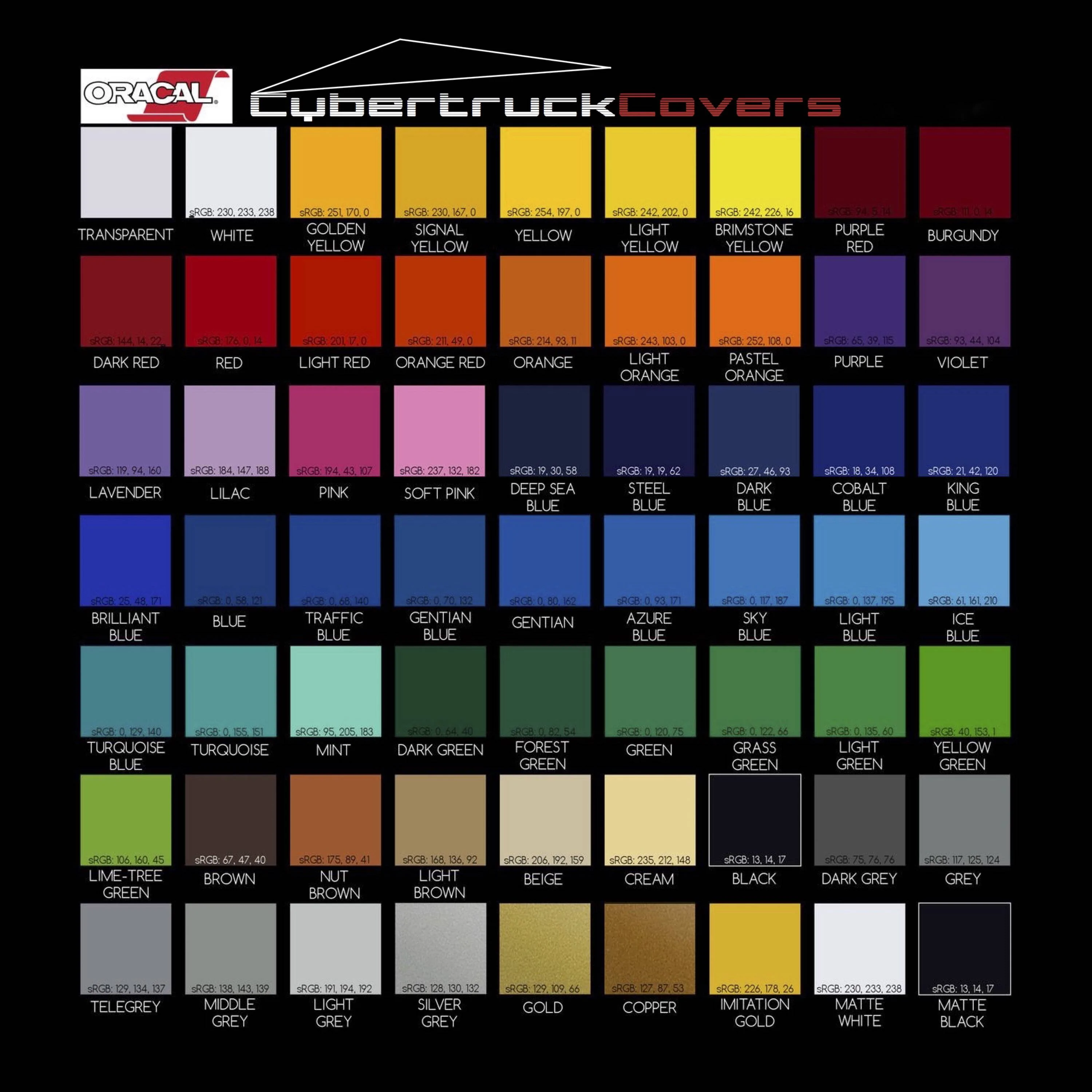 Tesla Cybertruck CybertruckCovers Magnetic Wrap Standard Colors Chart Standard Colors