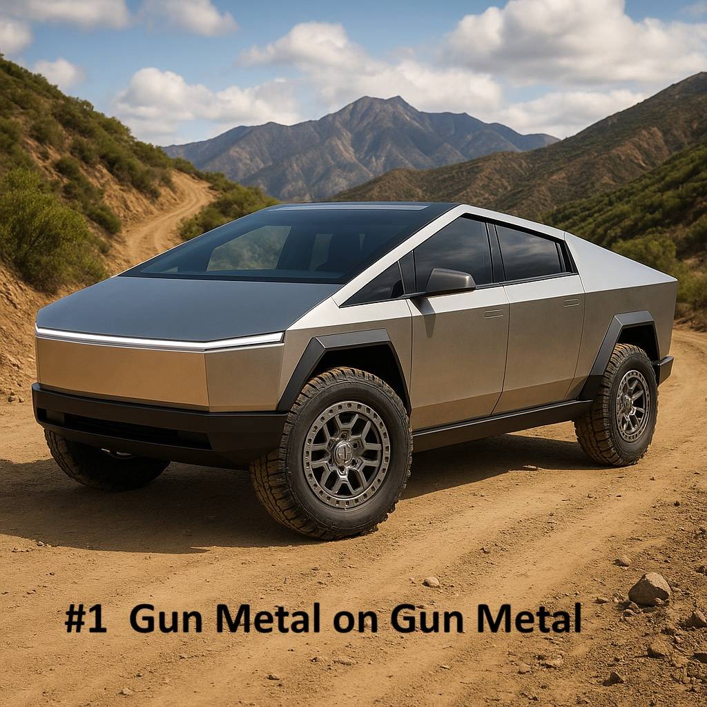 Tesla Cybertruck I need help! AI has given me way too many choices to pick from for my final wheel finish! 1 Gun metal on Gun metal 