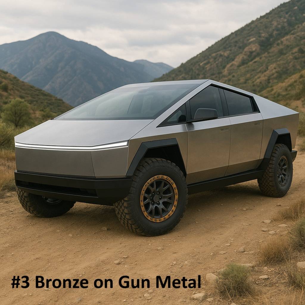 Tesla Cybertruck I need help! AI has given me way too many choices to pick from for my final wheel finish! 3 Bronze on Gun metal