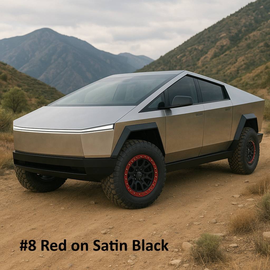 Tesla Cybertruck I need help! AI has given me way too many choices to pick from for my final wheel finish! 8 Red on Satin Black