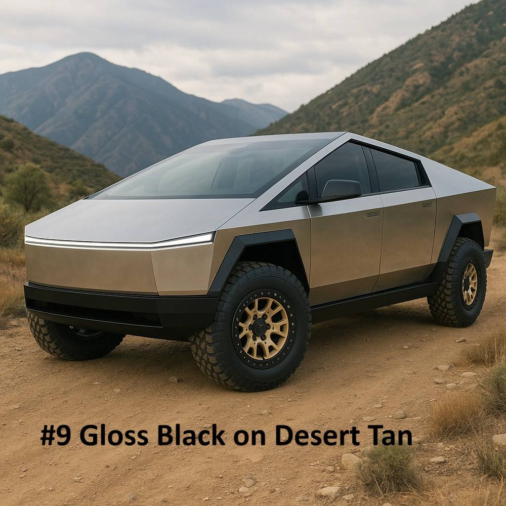 Tesla Cybertruck I need help! AI has given me way too many choices to pick from for my final wheel finish! 9 Gloss Black on Desert Tan