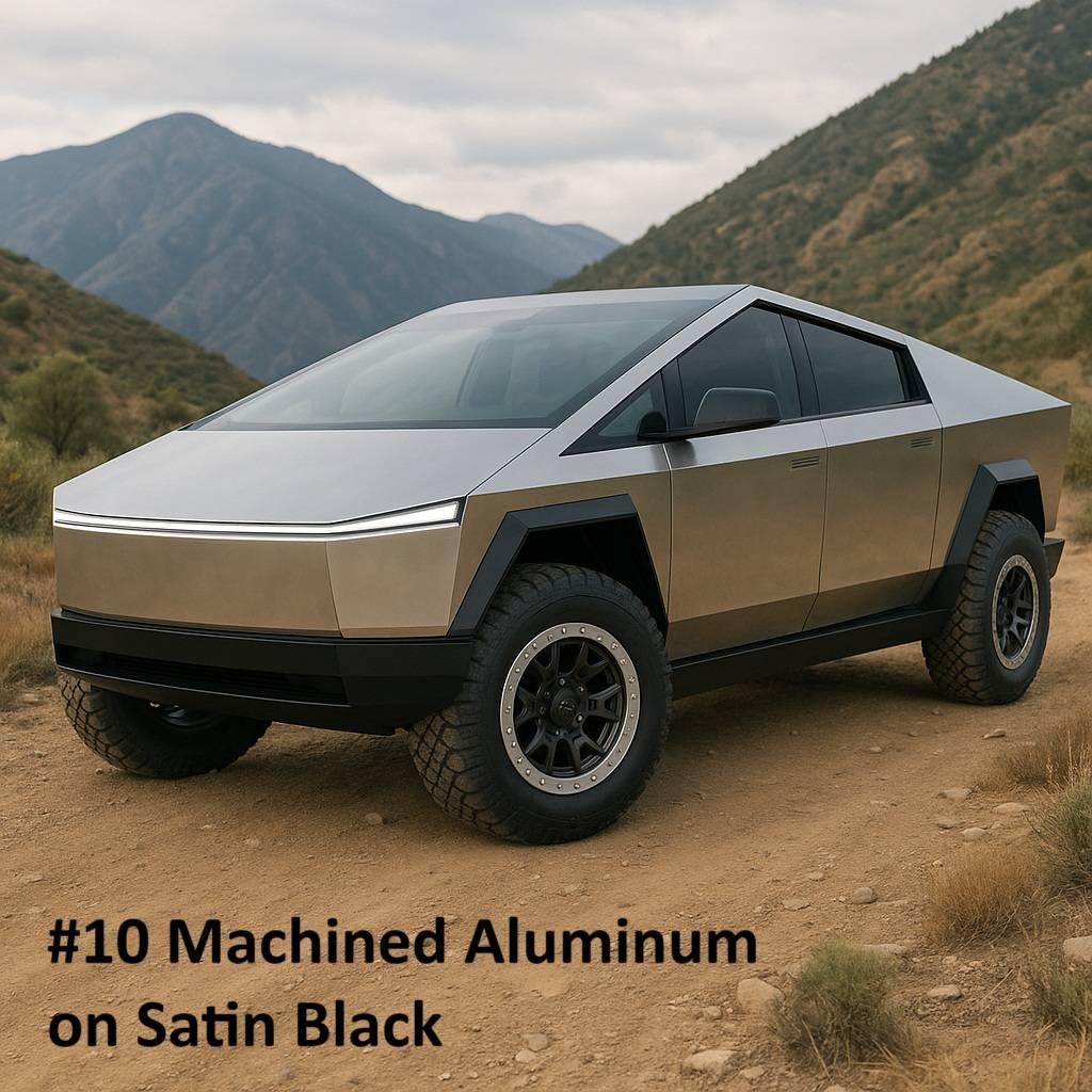 Tesla Cybertruck I need help! AI has given me way too many choices to pick from for my final wheel finish! 10 Machined Aluminum on Gloss Black