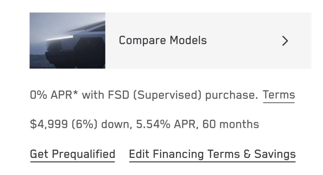 Tesla Cybertruck 0% APR financing with purchase of FSD - new Cybertruck offer Screenshot 2025-06-05 at 6.50.51 PM