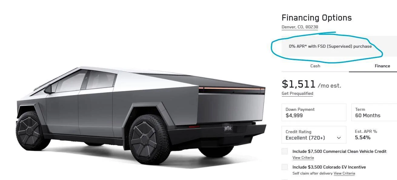 Tesla Cybertruck 0% APR financing with purchase of FSD - new Cybertruck offer 1749178167143-rk