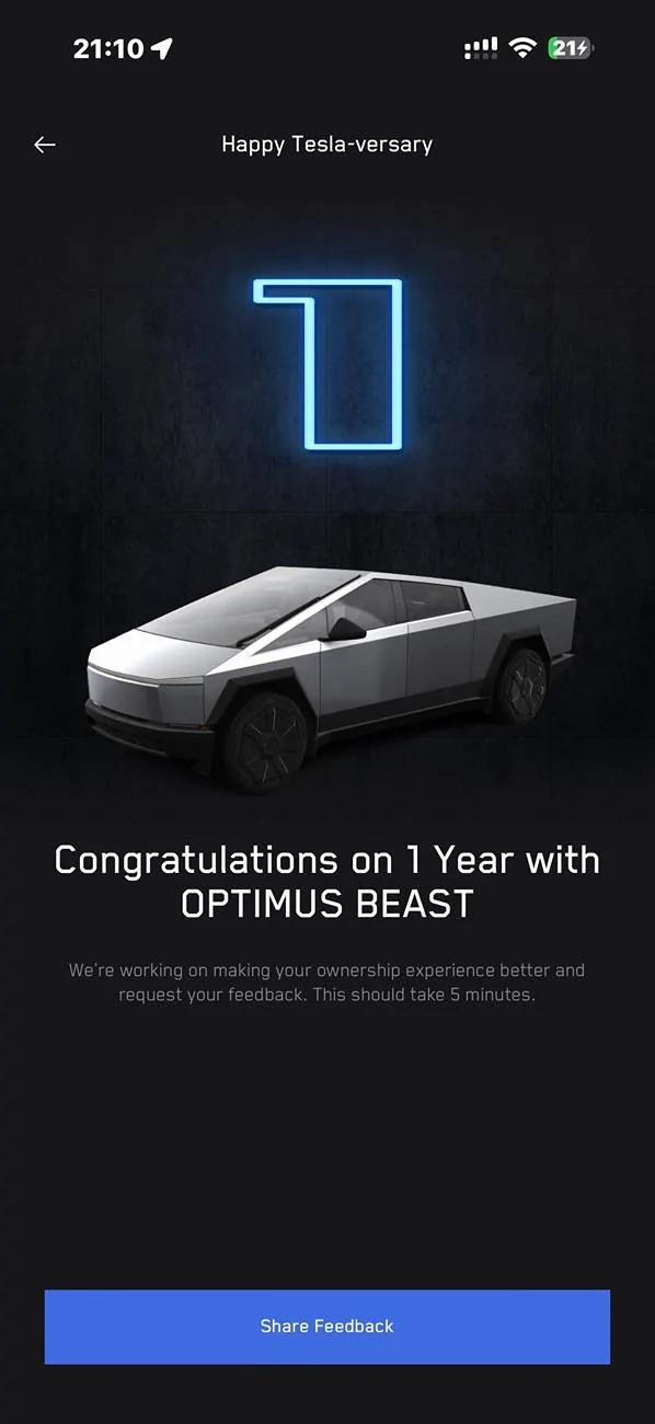 Tesla Cybertruck Happy OneYear Anniversary SURVEY From TESLA IMG_1457