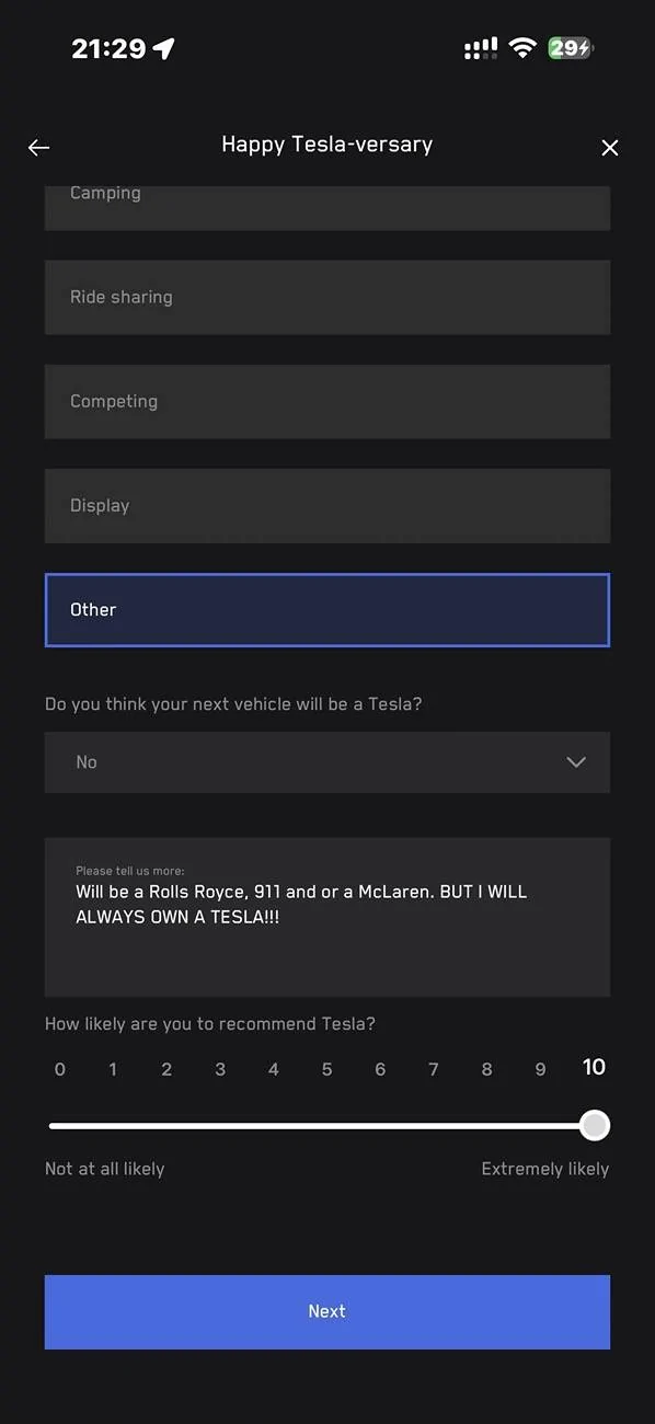 Tesla Cybertruck Happy OneYear Anniversary SURVEY From TESLA IMG_1463