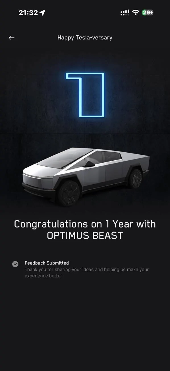 Tesla Cybertruck Happy OneYear Anniversary SURVEY From TESLA IMG_1468