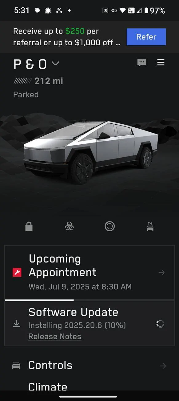 Tesla Cybertruck 2025.20.6  Software Update. Installing 1000040252