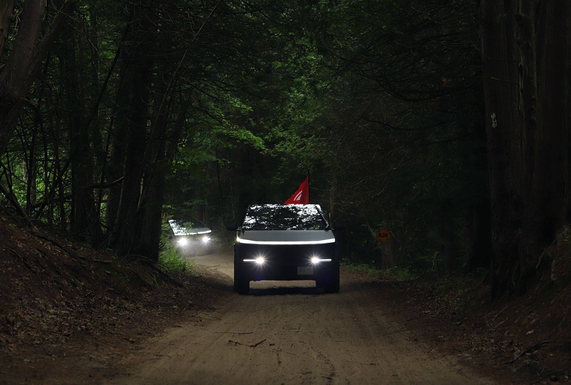 Tesla Cybertruck Photoshoot: Cybertrucks Off-Roading in The Woods cybertrucks offroading woods 3