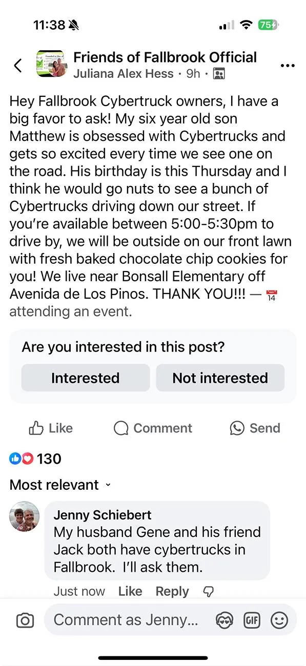 Tesla Cybertruck Cybertruck Parade request from Father for Son's Birthday Cybertruck Parade 2025-07-20 at 11.38.19 PM