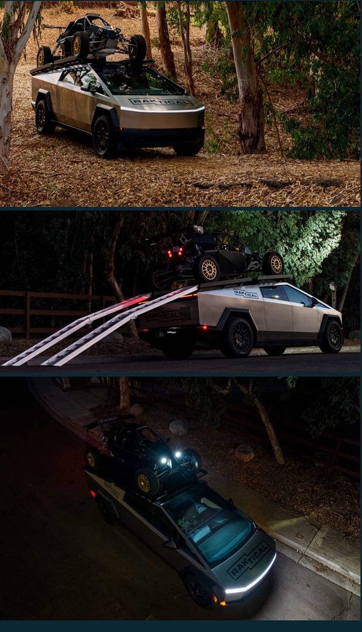 Tesla Cybertruck Cybertruck carrying dune buggy on its roof IMG_1427