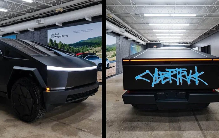 Cybertruck wrapped matte black for Art Basel Miami 2023 (video / pics)